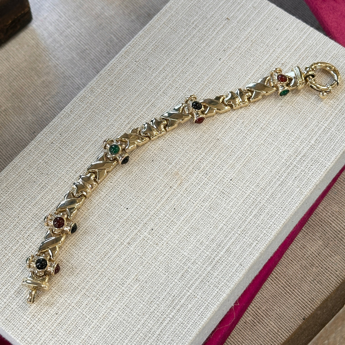 14KT Yellow Gold Cabochon Gemstone Bar Link Bracelet