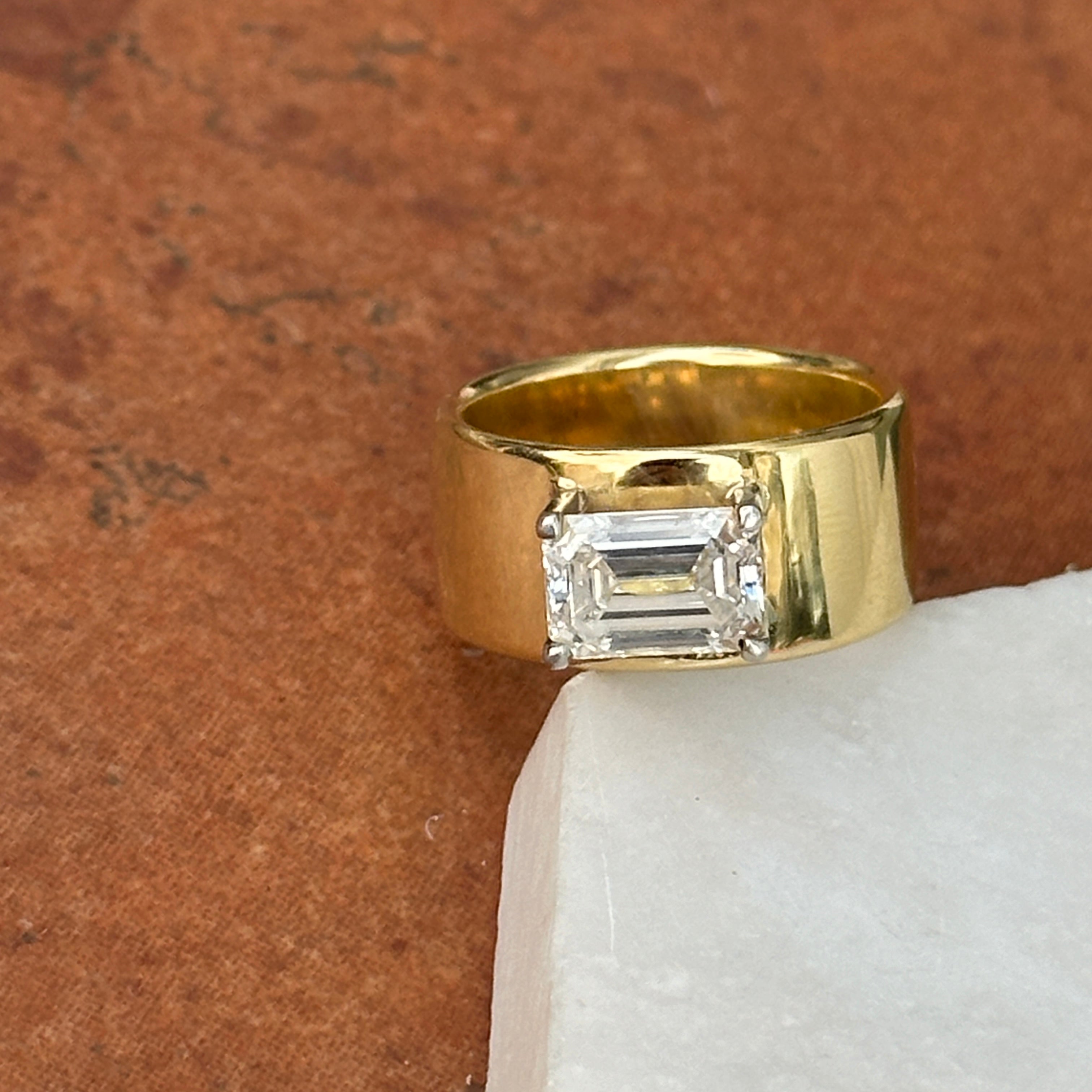 18KT Yellow Gold Wide Band 2.12 CT Emerald Cut Diamond Ring LSJ