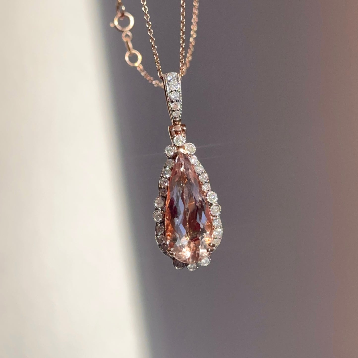 Estate 14KT White + Rose Gold Morganite + Diamond Pendant Necklace