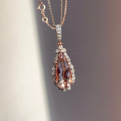 Estate 14KT White + Rose Gold Morganite + Diamond Pendant Necklace