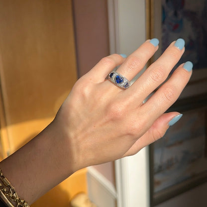 Estate 18KT White Gold Heart Blue Sapphire + Pave Diamond Ring