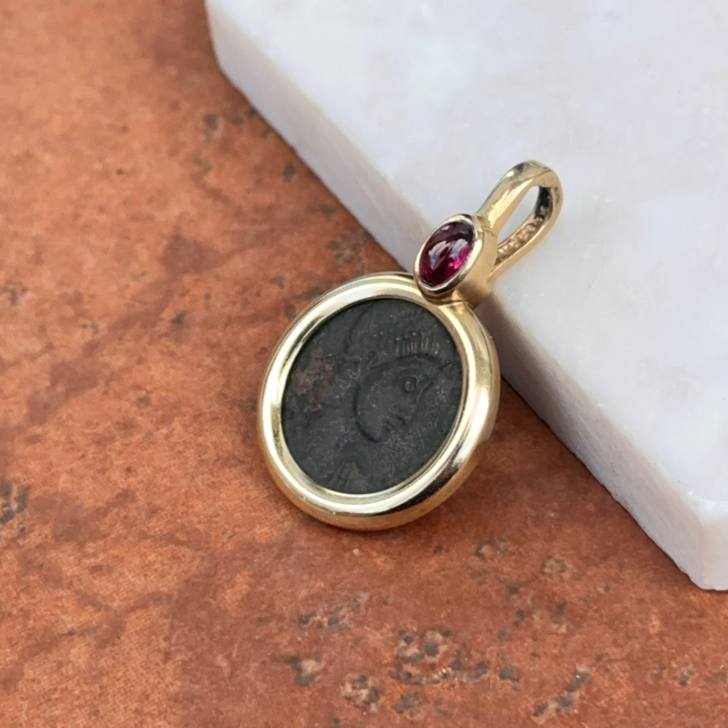 Estate 14KT Yellow Gold Roman Coin + Ruby Pendant Enhancer