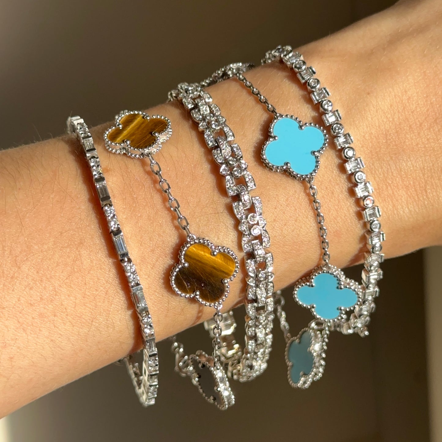 14KT White Gold Tiger’s Eye Ribbed Clover Bracelet