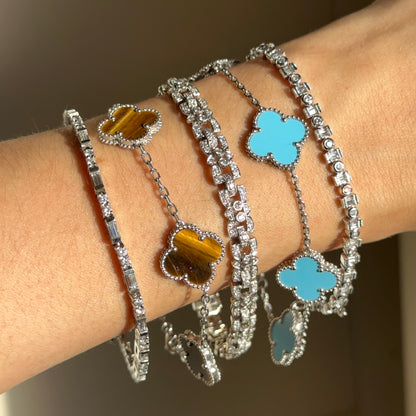 14KT White Gold Tiger’s Eye Ribbed Clover Bracelet