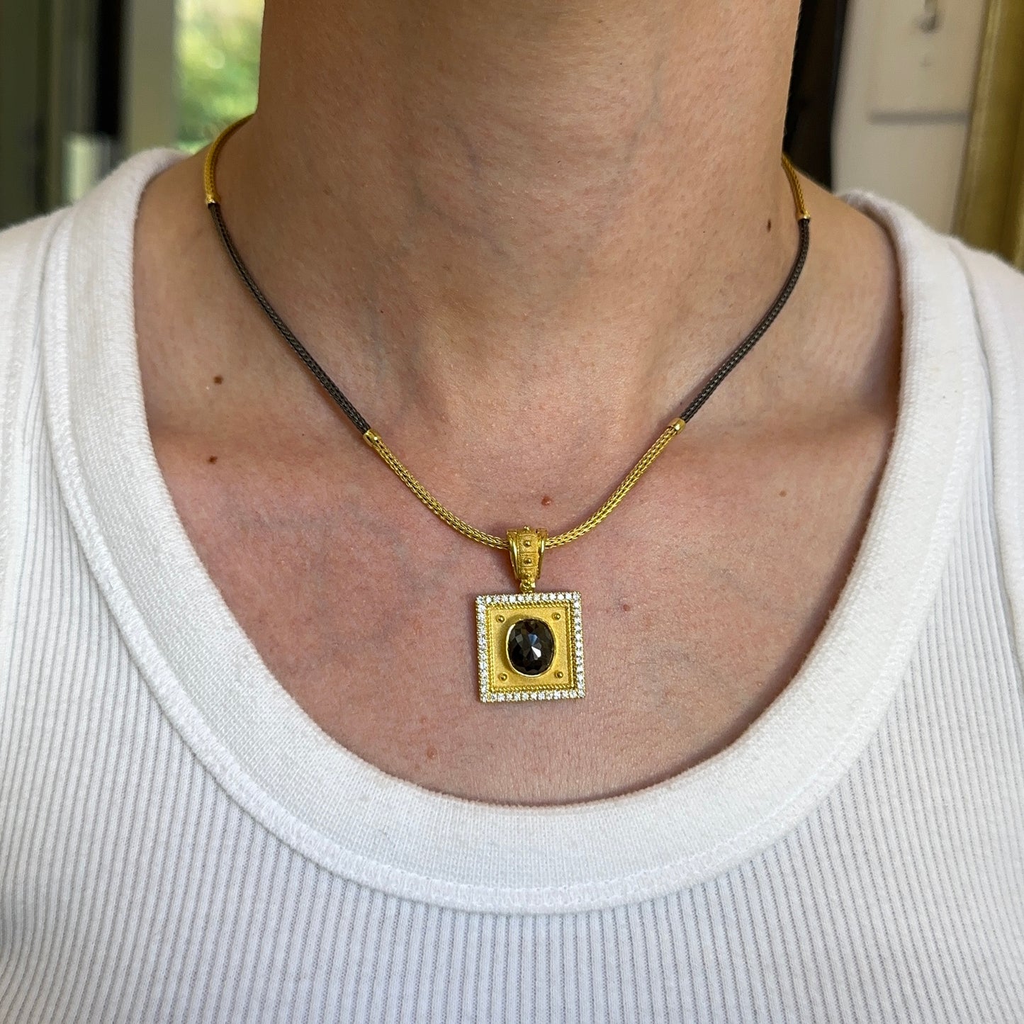 Estate 18KT Yellow + Black Gold Diamond Square Pendant Necklace