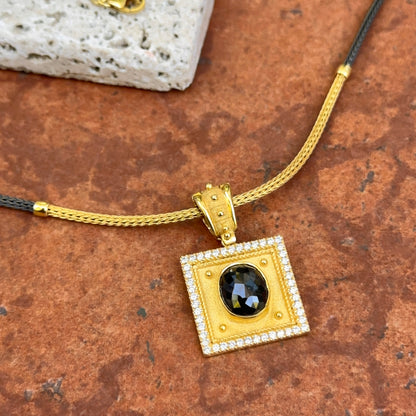 Estate 18KT Yellow + Black Gold Diamond Square Pendant Necklace