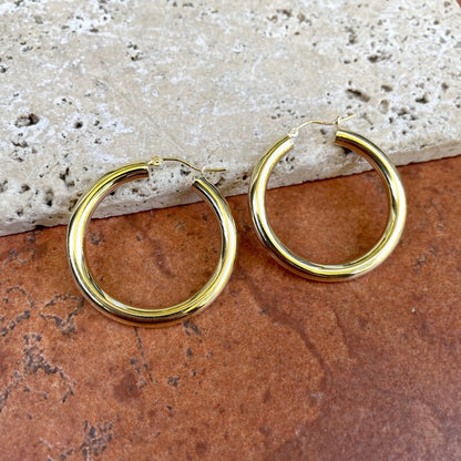 10KT Yellow Gold Round 4mm Tube Hoop Earrings 28mm