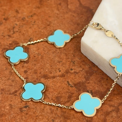 14KT Yellow Gold 14mm Turquoise Clover Station Chain Bracelet