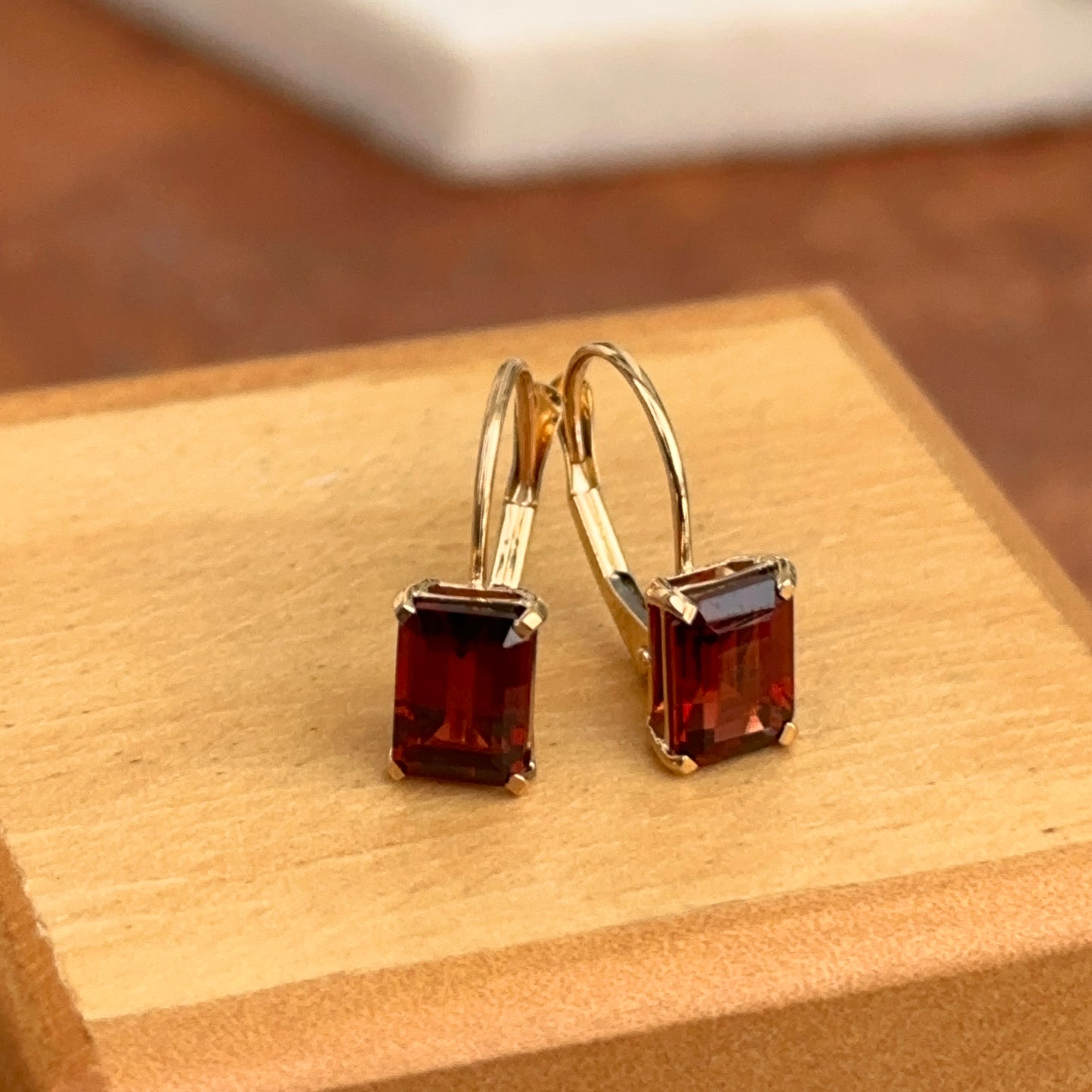 14KT Yellow Gold Genuine Garnet Lever Back Earrings