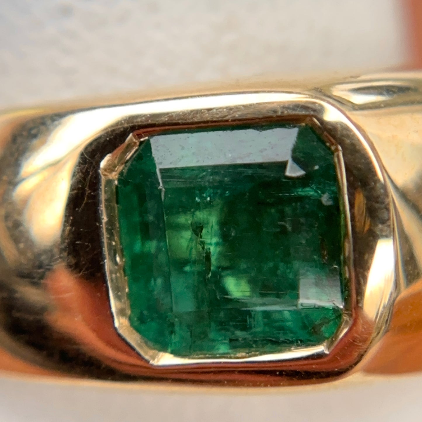 Estate 18KT Yellow Gold Emerald-Cut Emerald + Bezel Diamond Ring