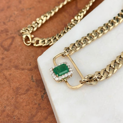 Estate 14KT Yellow Gold Emerald-Cut Emerald + Diamond Curb Chain Necklace