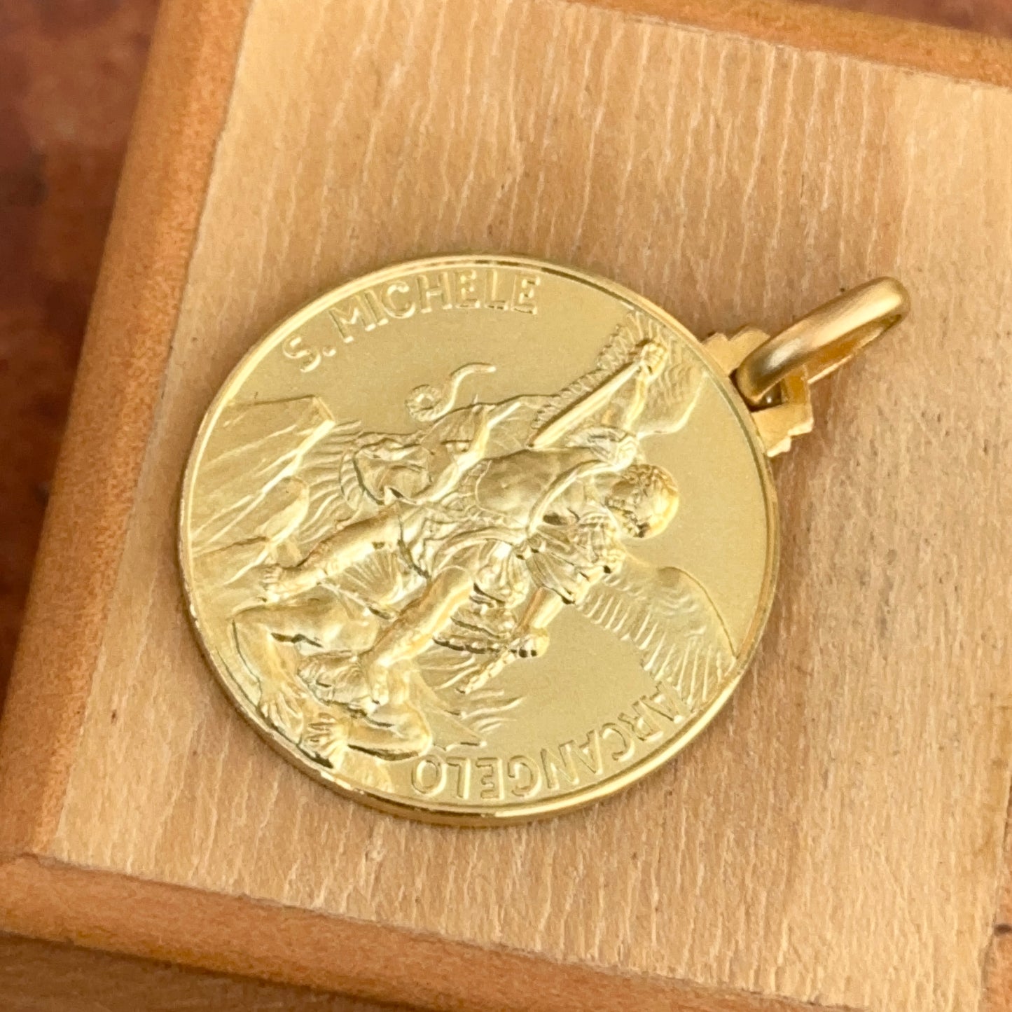 14KT Yellow Gold Matte St Michael Round Medal Pendant 25mm