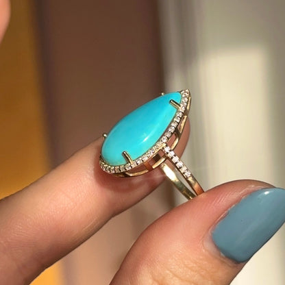14KT Yellow Gold Pear Turquoise + Pave Diamond Halo Ring