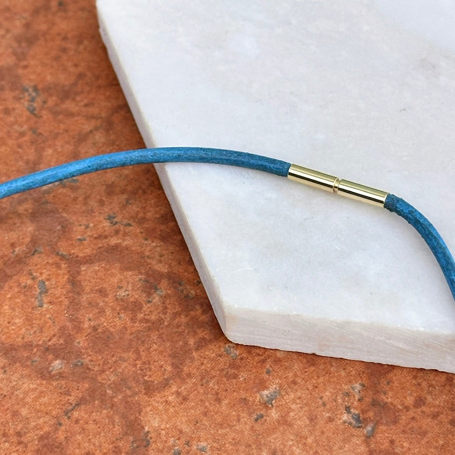 14KT Yellow Gold 2mm Light Blue Leather Cord Necklace - LSJ