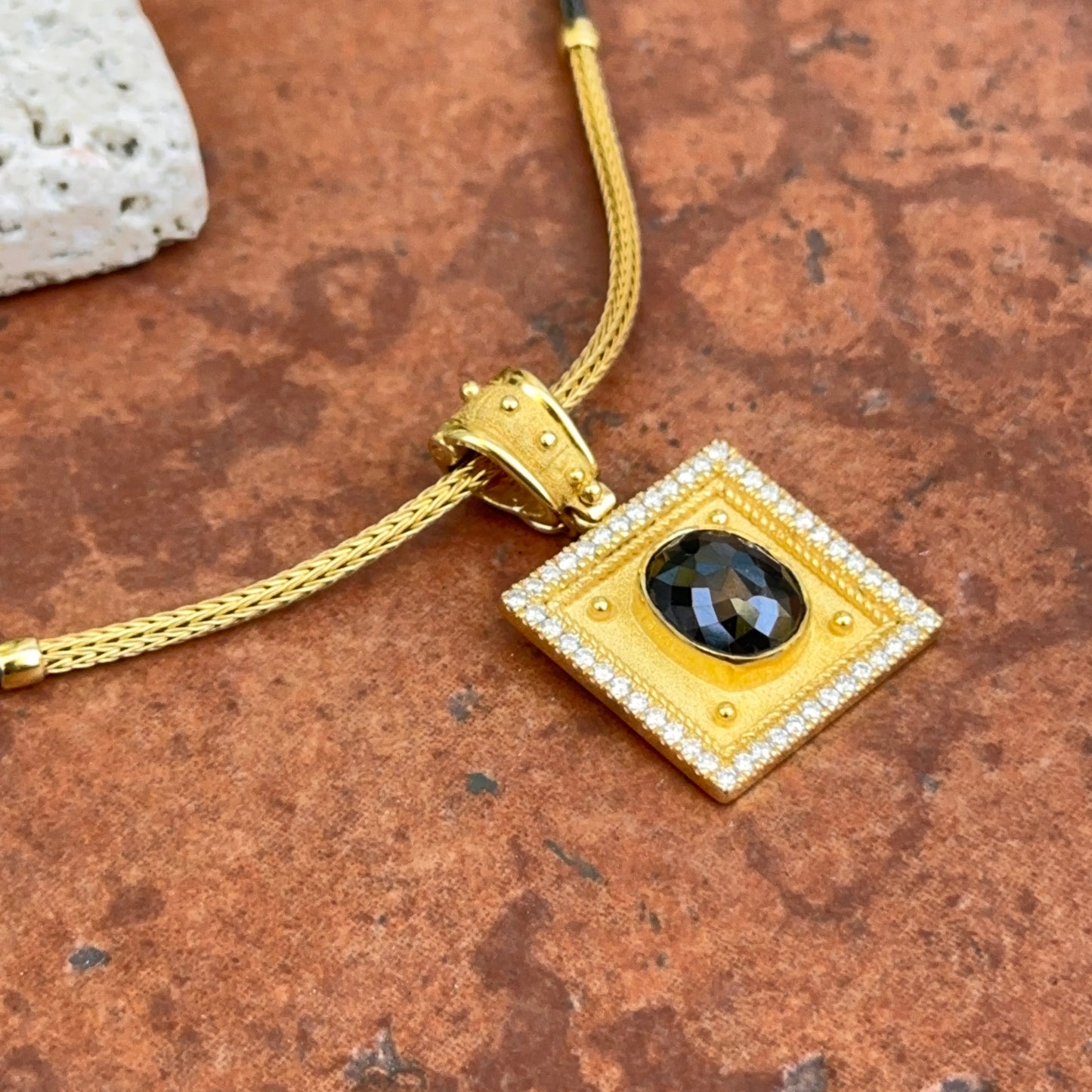 Estate 18KT Yellow + Black Gold Diamond Square Pendant Necklace