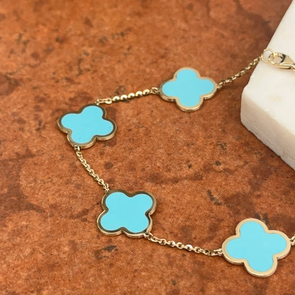 14KT Yellow Gold 14mm Turquoise Clover Station Chain Bracelet