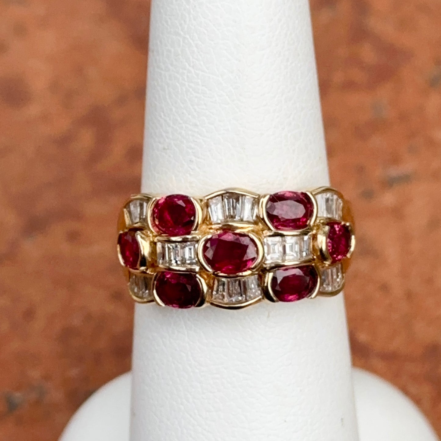 Estate 18KT Yellow Gold Oval Ruby + Baguette Diamond Band Ring