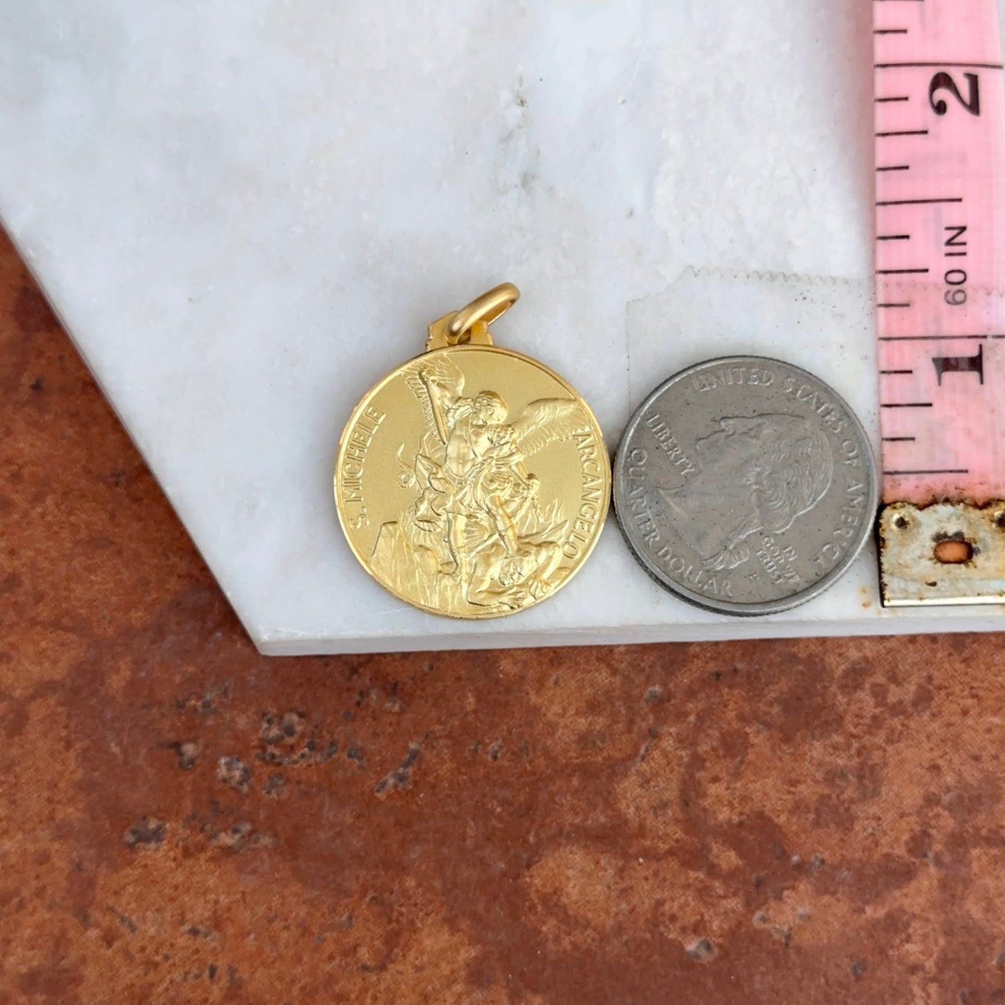 14KT Yellow Gold Matte St Michael Round Medal Pendant 25mm