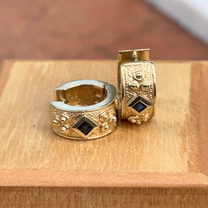 Estate 14KT Yellow Gold Byzantine Blue Sapphire Huggie Hoop Earrings