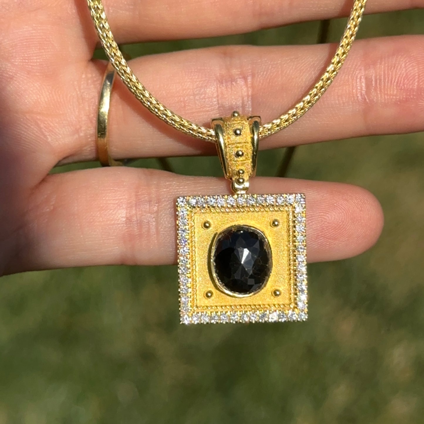 Estate 18KT Yellow + Black Gold Diamond Square Pendant Necklace