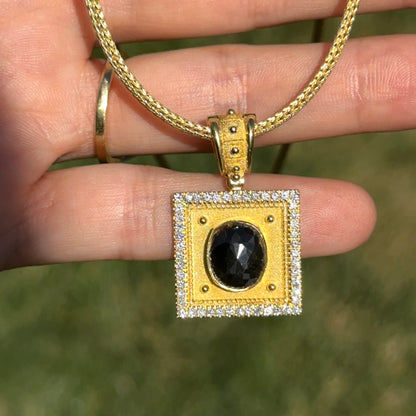 Estate 18KT Yellow + Black Gold Diamond Square Pendant Necklace