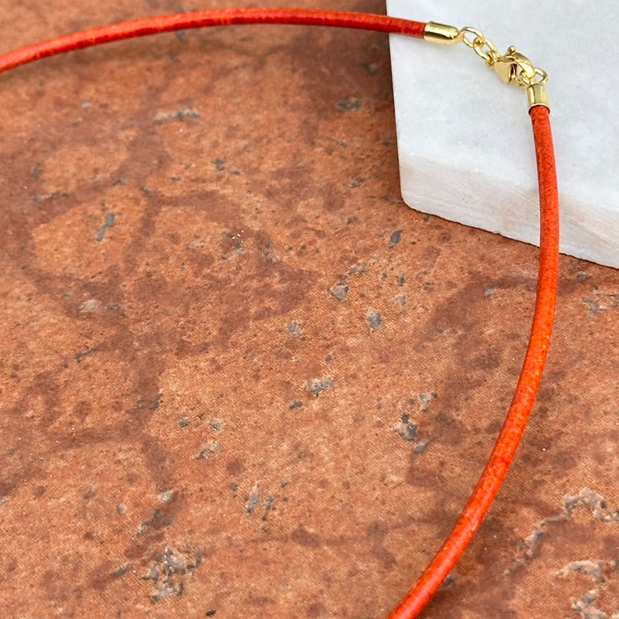 14KT Yellow Gold 2mm Orange Leather Cord Necklace - LSJ
