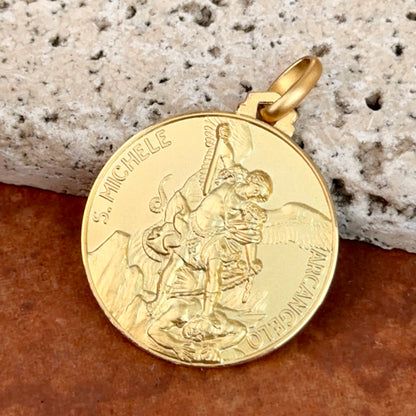 14KT Yellow Gold Matte St Michael Round Medal Pendant 25mm
