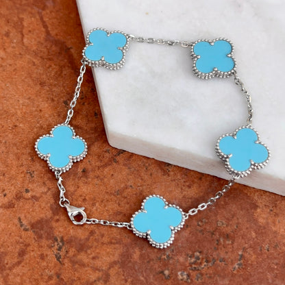 14KT White Gold Turquoise Ribbed Clover Bracelet