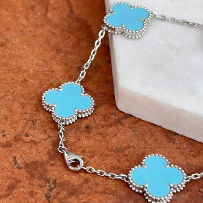 14KT White Gold Turquoise Ribbed Clover Bracelet