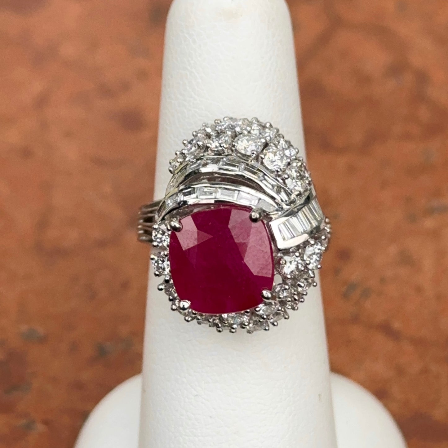 Estate Platinum Cushion Ruby + Diamond Cluster Ring