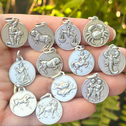 Sterling Silver Zodiac Sign Antiqued Round Medal Pendant 16mm