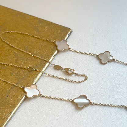 14KT Yellow Gold Mother of Pearl 10mm Clover Station Necklace