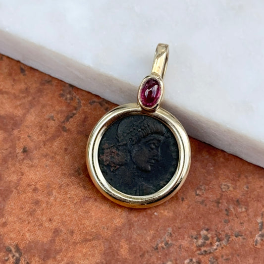 Estate 14KT Yellow Gold Roman Coin + Ruby Pendant Enhancer