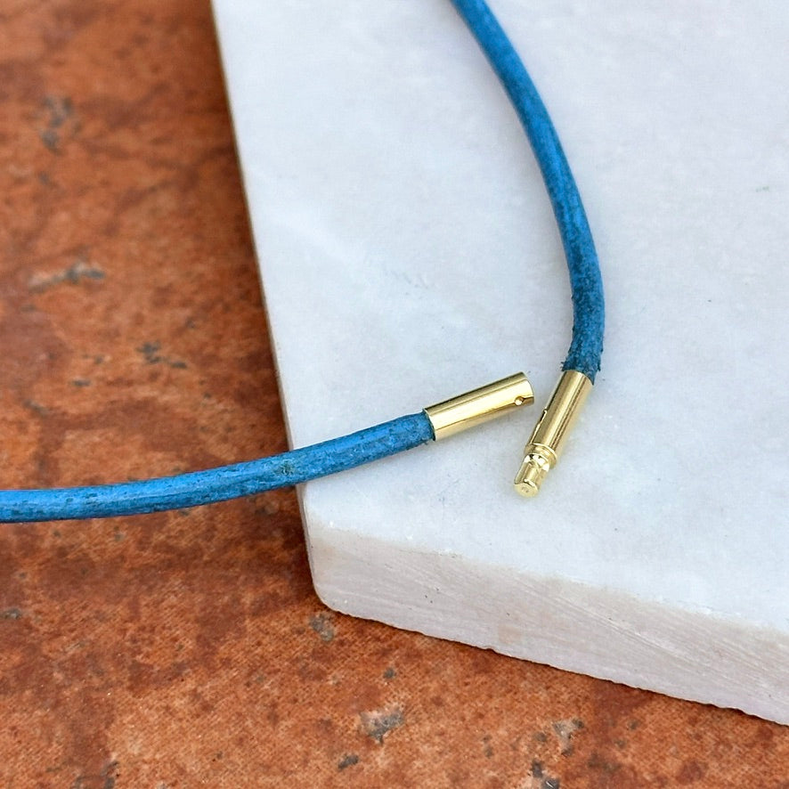 14KT Yellow Gold 2mm Light Blue Leather Cord Necklace - LSJ