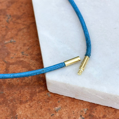 14KT Yellow Gold 2mm Light Blue Leather Cord Necklace - LSJ