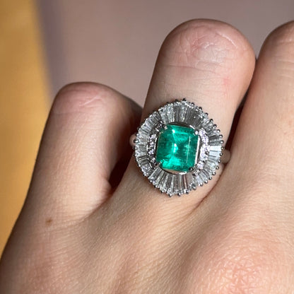 Estate Platinum Emerald-Cut Emerald + Baguette Diamond Ballerina Ring