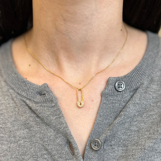 14KT Yellow Gold Diamond Safety Pin Charm Holder Pendant / Connecter