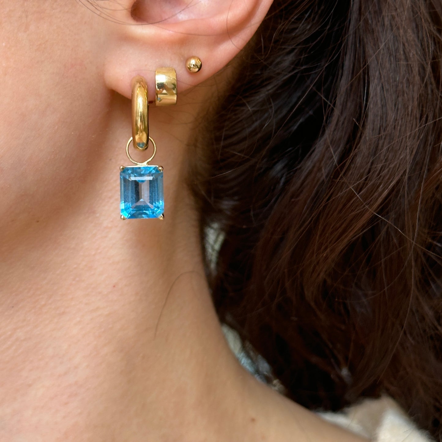 14KT Yellow Gold Swiss Blue Topaz Emerald-Cut Earring Charms