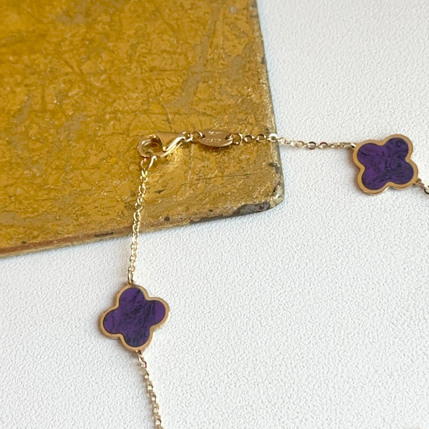 14KT Yellow Gold Amethyst 10mm 4 Leaf Clover Charm Chain Bracelet