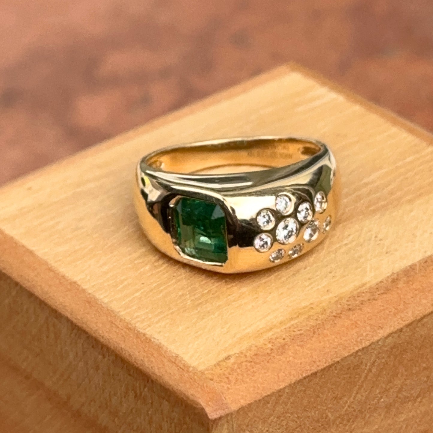 Estate 18KT Yellow Gold Emerald-Cut Emerald + Bezel Diamond Ring