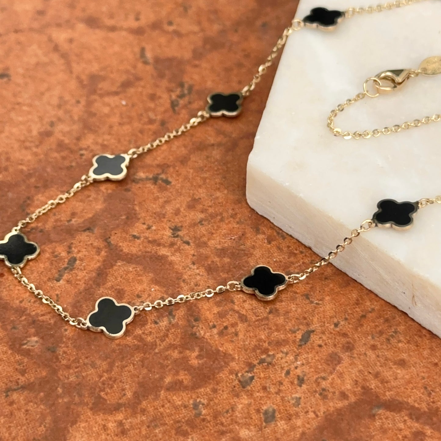 14KT Yellow Gold Black Onyx Clover Station Chain Necklace