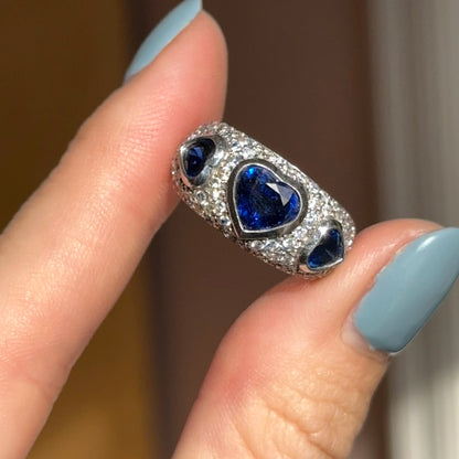 Estate 18KT White Gold Heart Blue Sapphire + Pave Diamond Ring