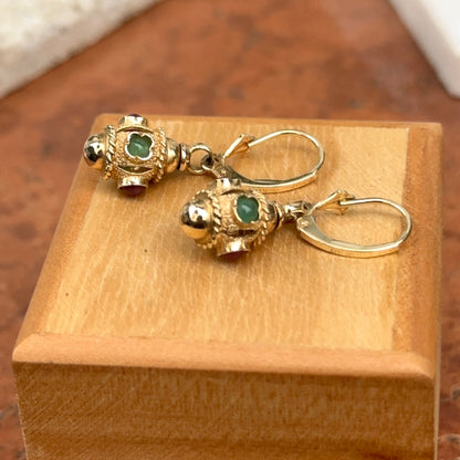 Estate 14KT Yellow Gold Ornate Ruby + Emerald Charm Lever Back Earrings