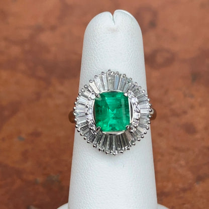 Estate Platinum Emerald-Cut Emerald + Baguette Diamond Ballerina Ring