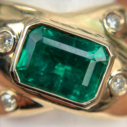 Estate 18KT Yellow Gold Bezel Emerald-Cut Emerald + Diamond Ring