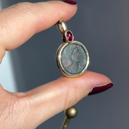 Estate 14KT Yellow Gold Roman Coin + Ruby Pendant Enhancer