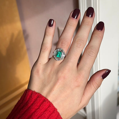 Estate Platinum Emerald-Cut Emerald + Baguette Diamond Ballerina Ring