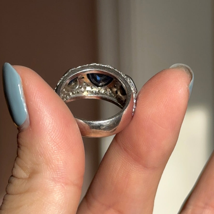 Estate 18KT White Gold Heart Blue Sapphire + Pave Diamond Ring