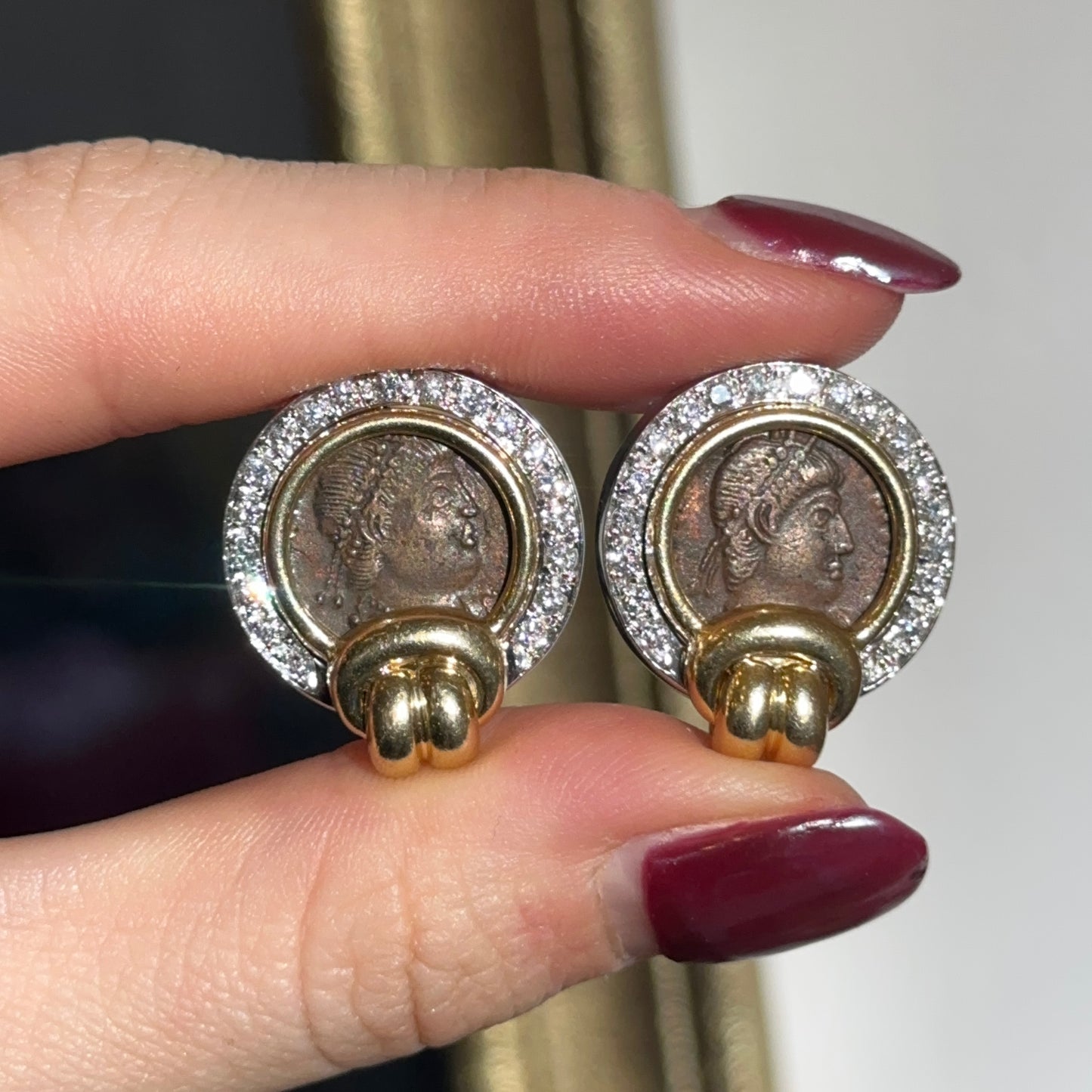 Estate 14KT Yellow Gold Pave Diamond Roman Coin Omega Back Earrings