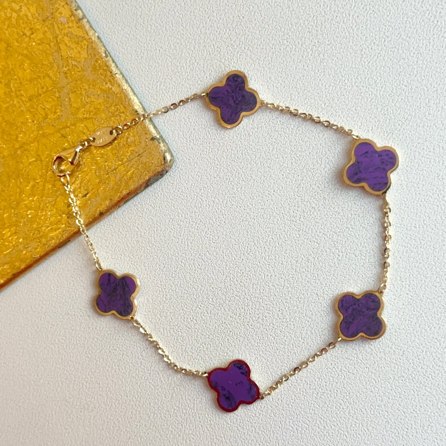 14KT Yellow Gold Amethyst 10mm 4 Leaf Clover Charm Chain Bracelet